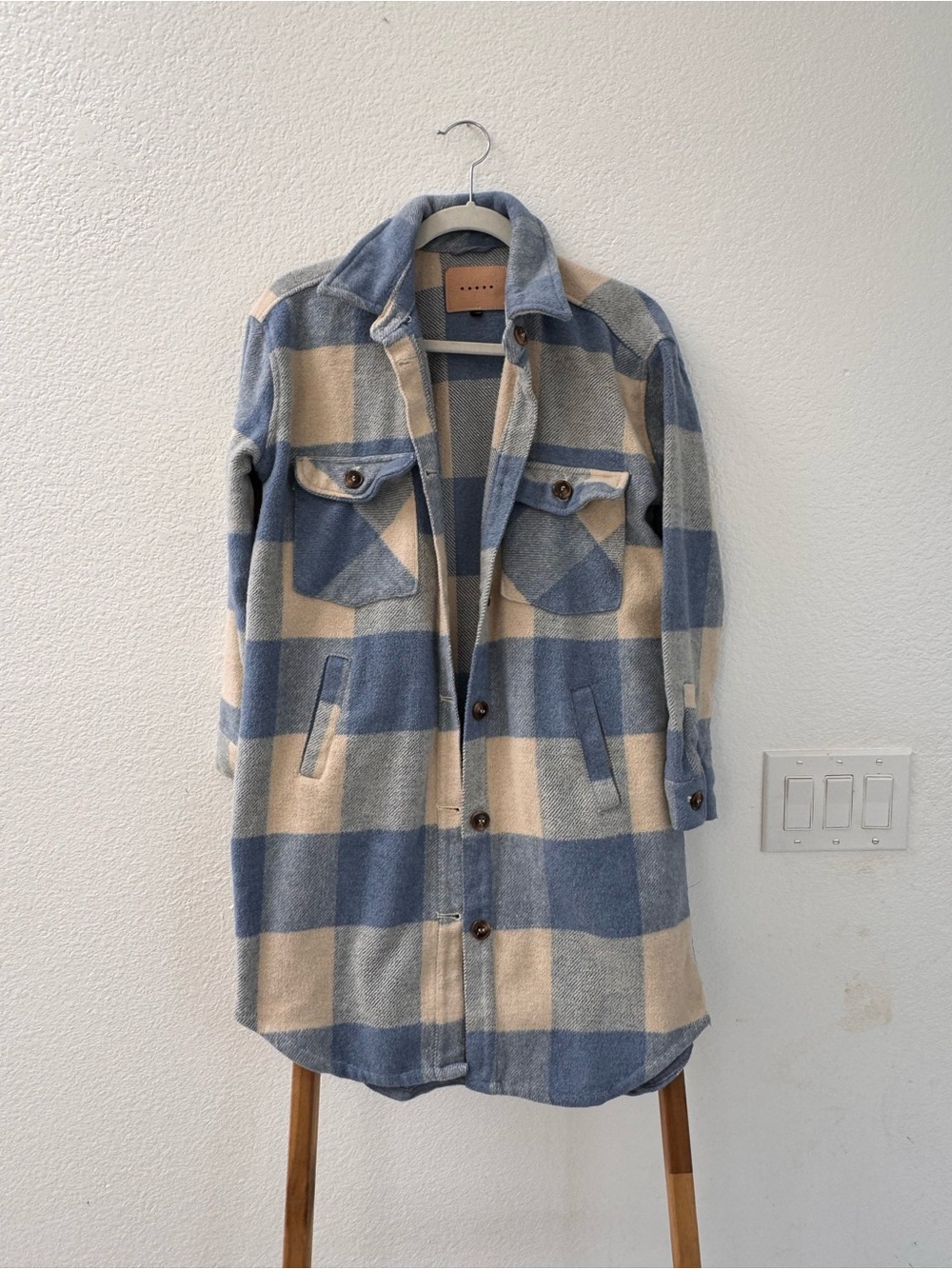 Blank NYC Blue & Cream Checked Shacket Coat Long Lightweight W/ Pockets